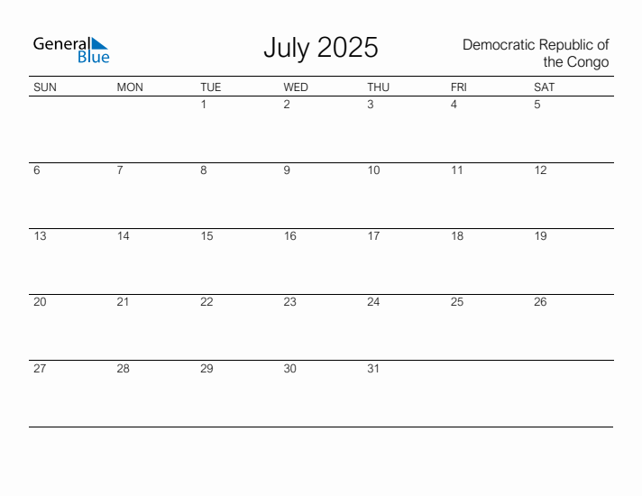Printable July 2025 Calendar for Democratic Republic of the Congo