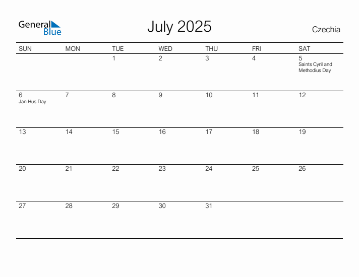 Printable July 2025 Calendar for Czechia