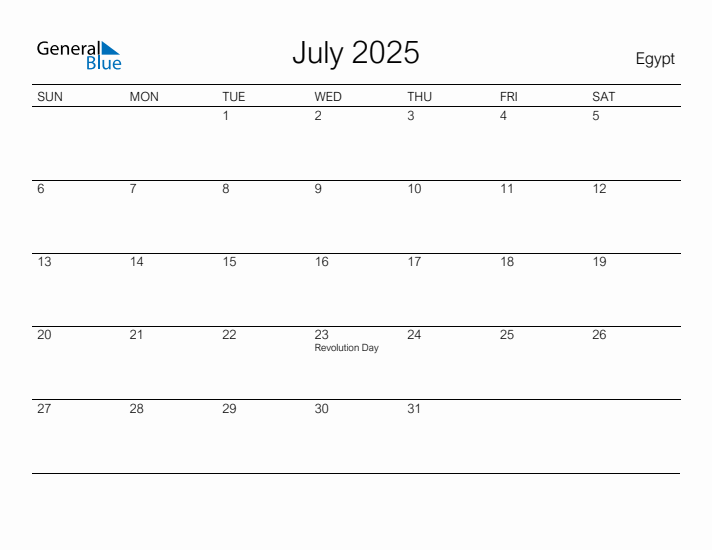 Printable July 2025 Calendar for Egypt