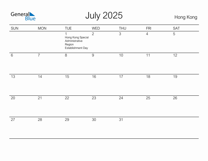 Printable July 2025 Calendar for Hong Kong