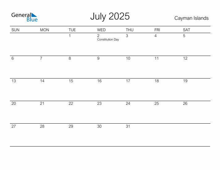 Printable July 2025 Calendar for Cayman Islands
