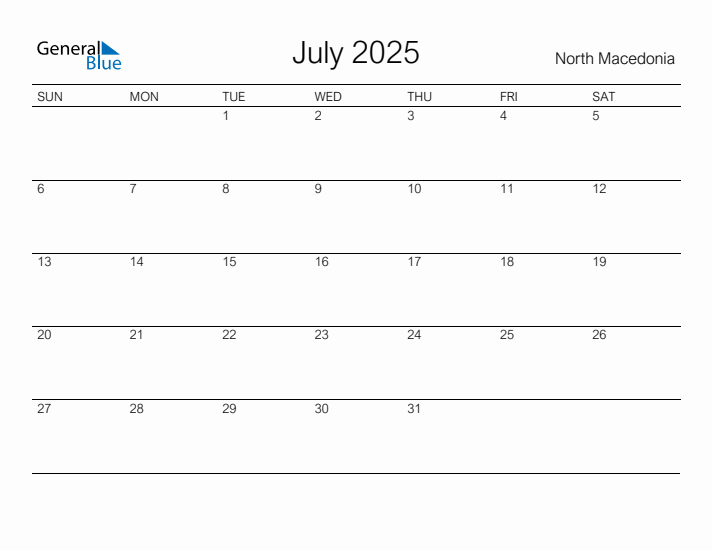 Printable July 2025 Calendar for North Macedonia