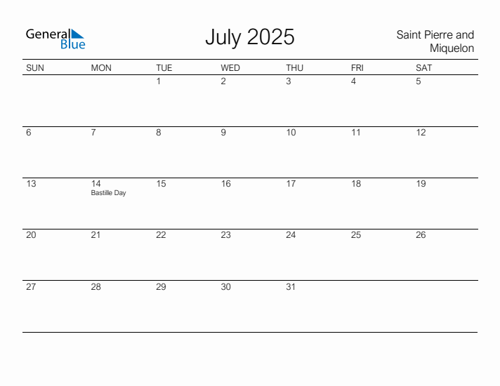 Printable July 2025 Calendar for Saint Pierre and Miquelon
