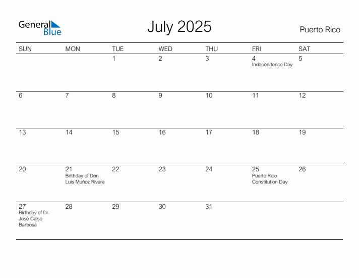 Printable July 2025 Calendar for Puerto Rico