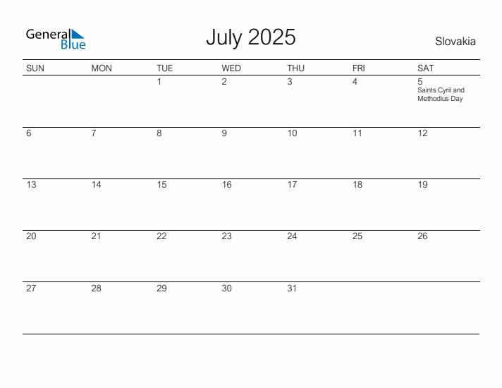 Printable July 2025 Calendar for Slovakia