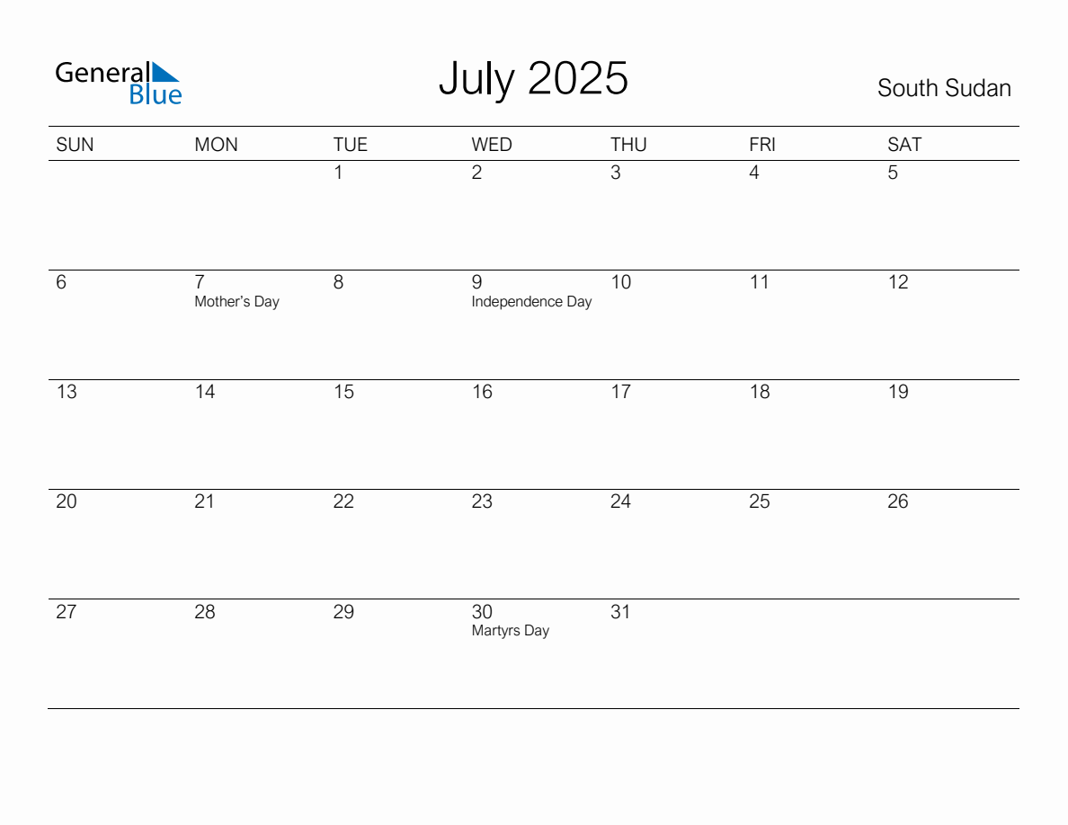 Printable July 2025 Monthly Calendar with Holidays for South Sudan