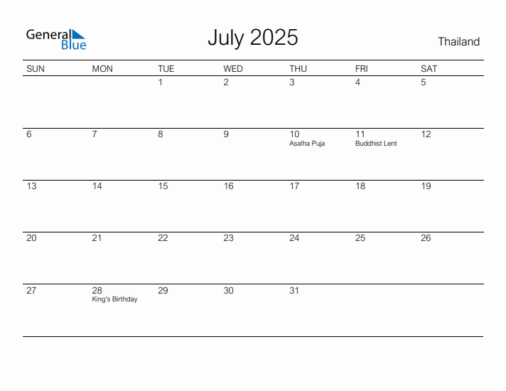 Printable July 2025 Calendar for Thailand