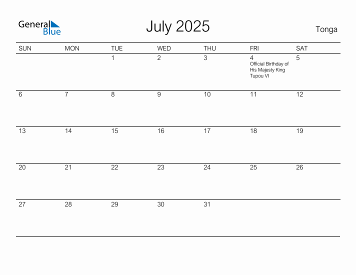 Printable July 2025 Calendar for Tonga