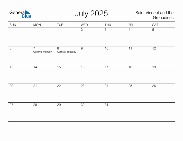 Printable July 2025 Calendar for Saint Vincent and the Grenadines