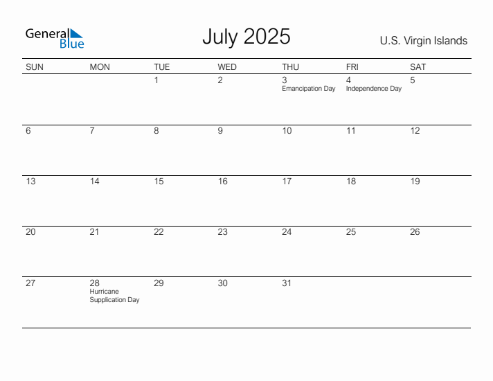 Printable July 2025 Calendar for U.S. Virgin Islands