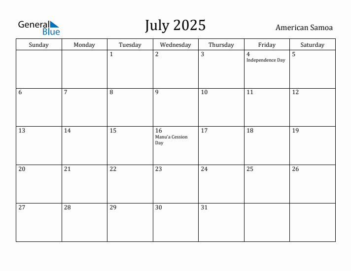 July 2025 Calendar American Samoa