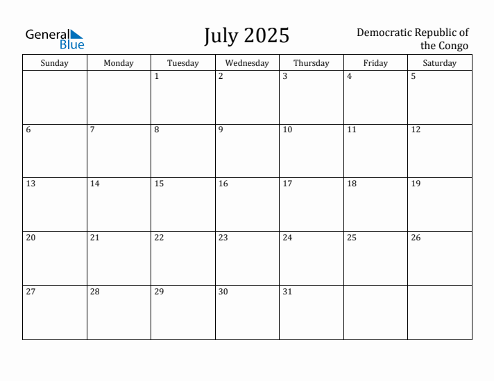 July 2025 Calendar Democratic Republic of the Congo