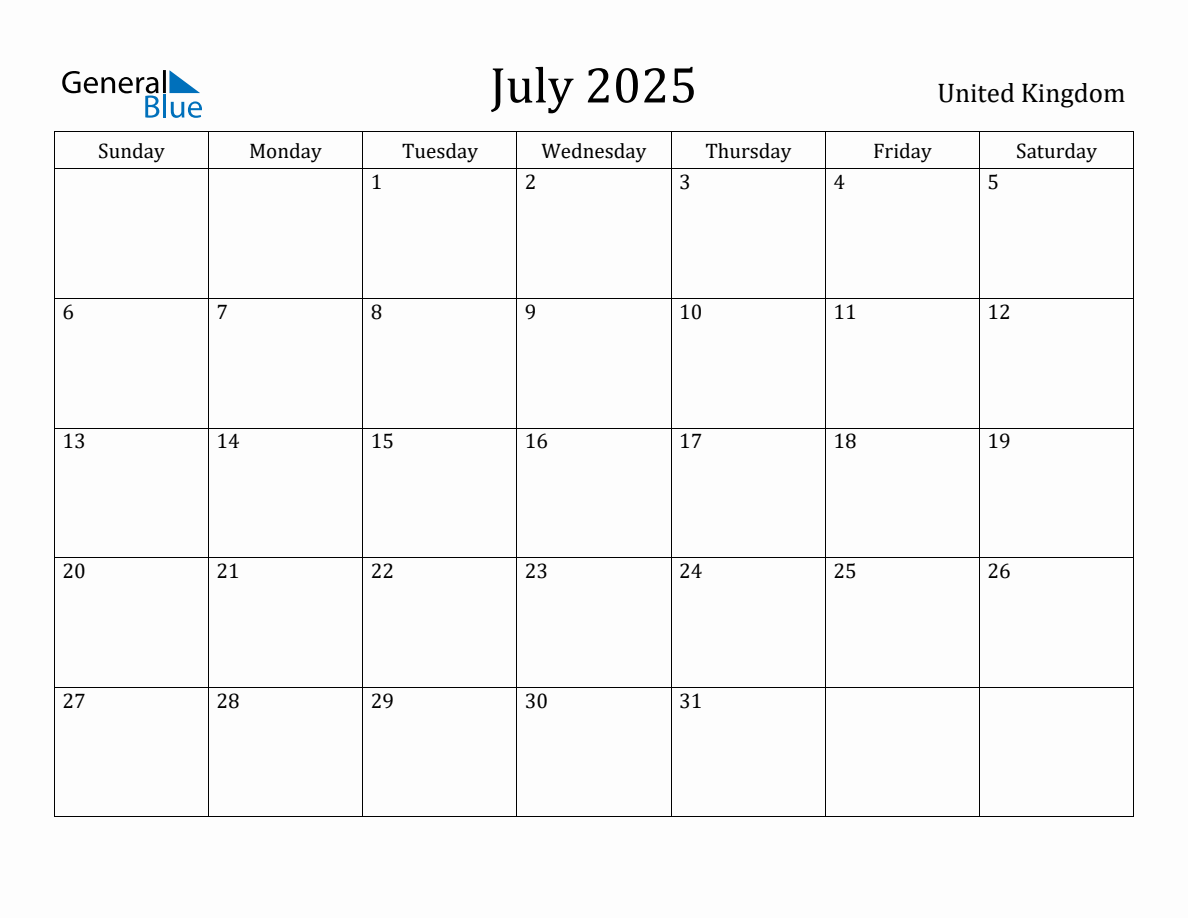 July 2025 monthly calendar with holidays in United Kingdom