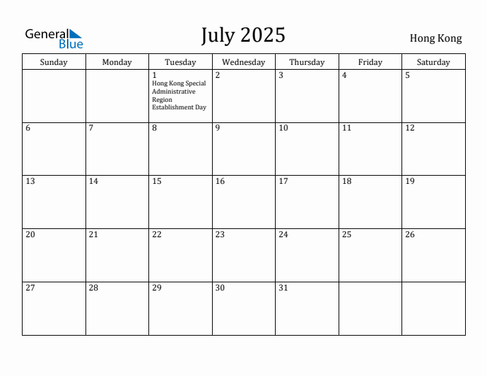 July 2025 Calendar Hong Kong