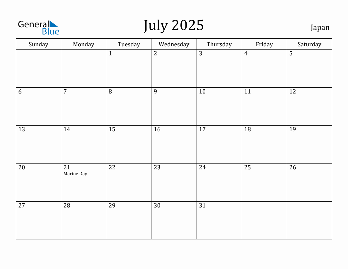July 2025 monthly calendar with holidays in Japan