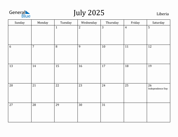 July 2025 Calendar Liberia