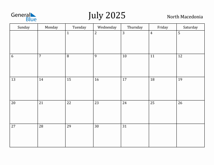 July 2025 Calendar North Macedonia