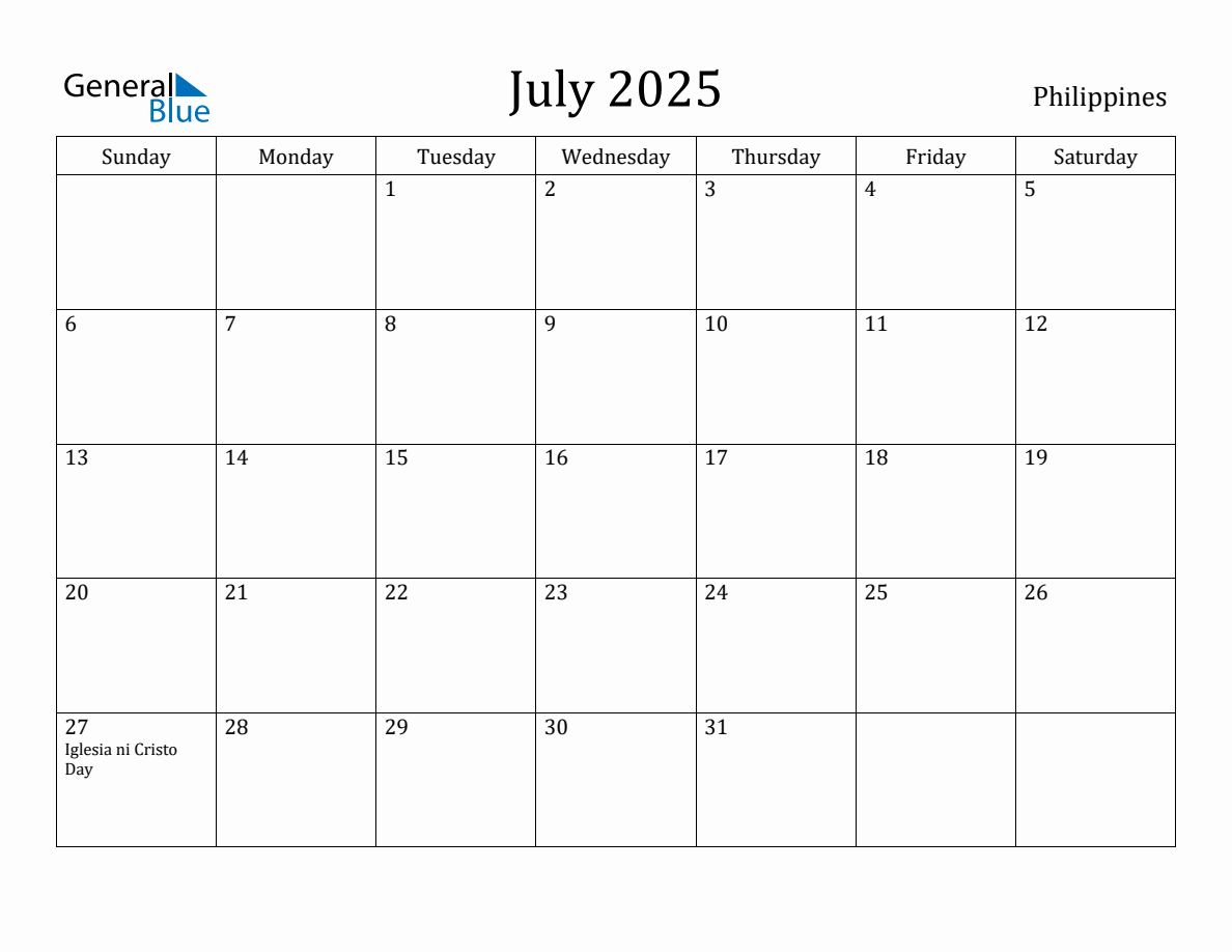 July 2025 monthly calendar with holidays in Philippines