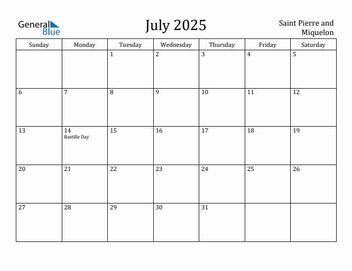 July 2025 Calendar Saint Pierre and Miquelon
