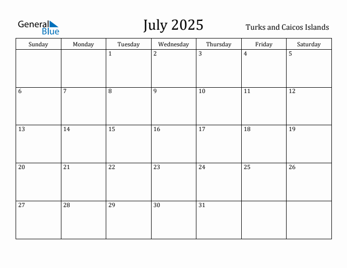 July 2025 Calendar Turks and Caicos Islands