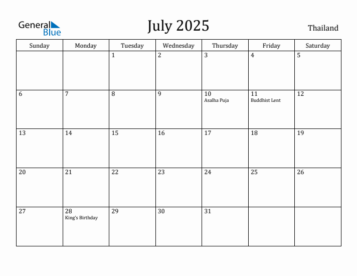 July 2025 Calendar Thailand