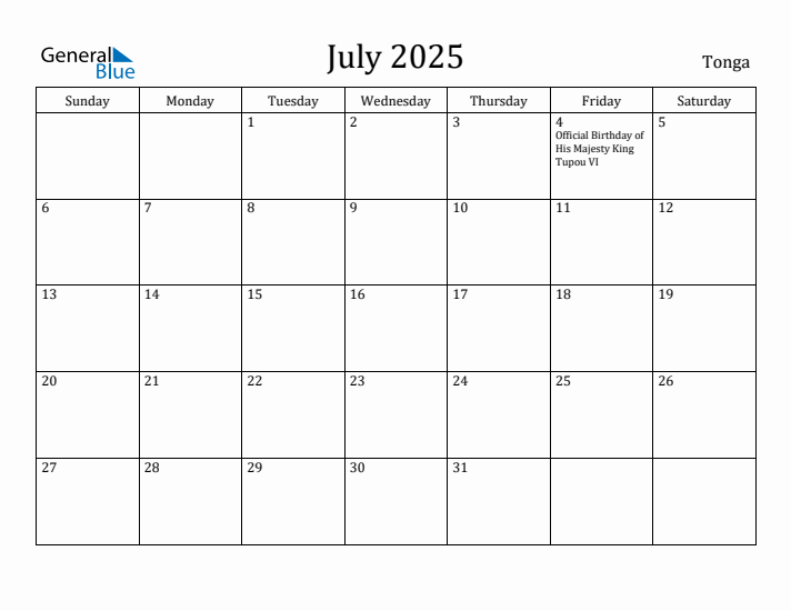 July 2025 Calendar Tonga
