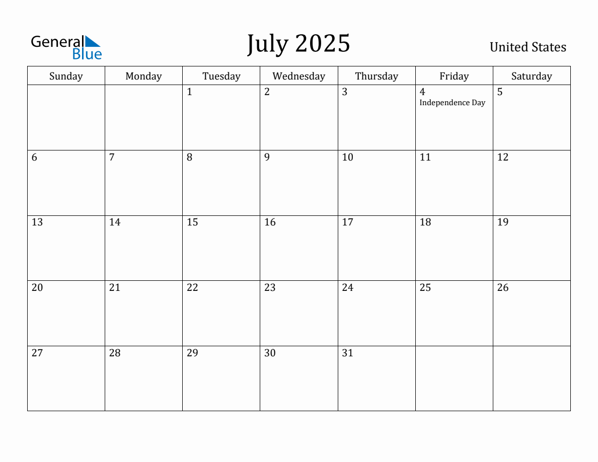 July 2025 monthly calendar with holidays in United States