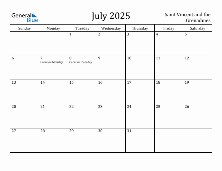 July 2025 Calendar Saint Vincent and the Grenadines