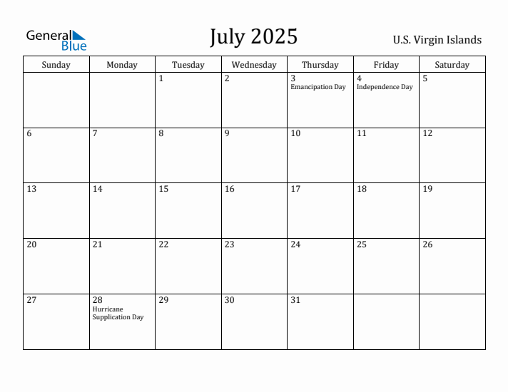 July 2025 Calendar U.S. Virgin Islands