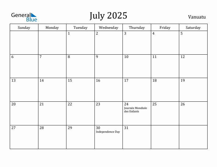 July 2025 Calendar Vanuatu