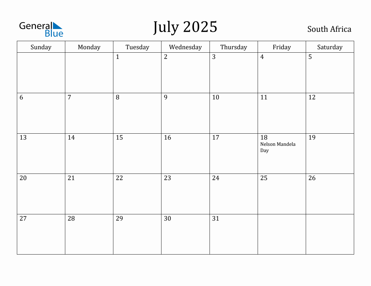 July 2025 monthly calendar with holidays in South Africa