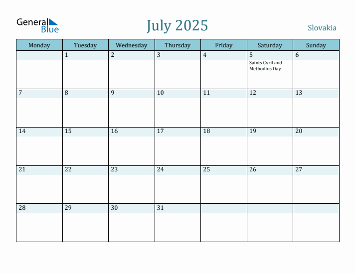 July 2025 Calendar with Holidays