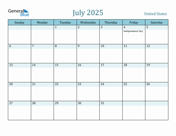 United States Holiday Calendar for July 2025