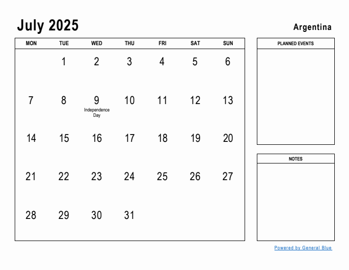 July 2025 Printable Monthly Calendar with Argentina Holidays