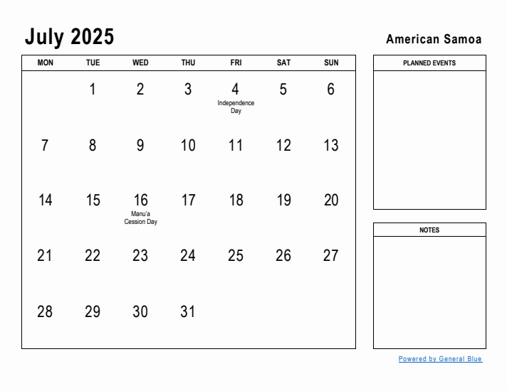 July 2025 Printable Monthly Calendar with American Samoa Holidays