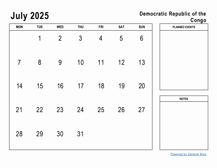 July 2025 Printable Monthly Calendar with Democratic Republic of the Congo Holidays