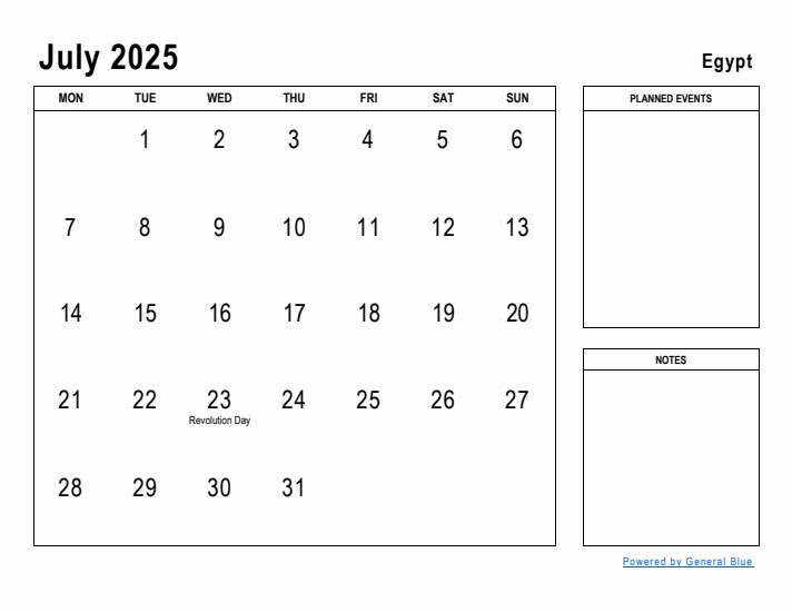 July 2025 Printable Monthly Calendar with Egypt Holidays