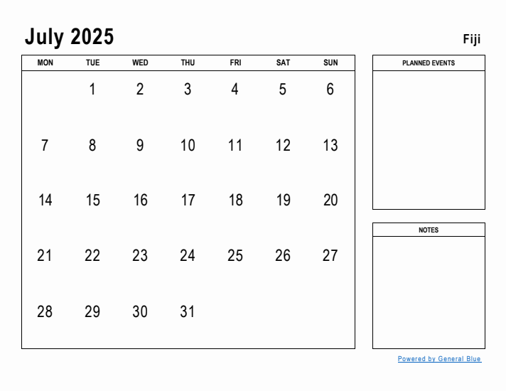 July 2025 Printable Monthly Calendar with Fiji Holidays