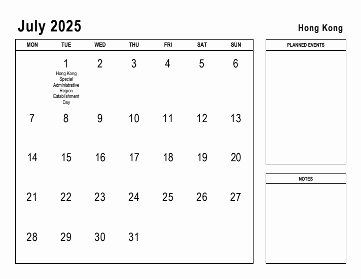 July 2025 Printable Monthly Calendar with Hong Kong Holidays
