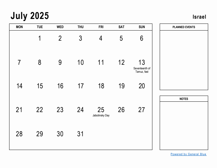 July 2025 Printable Monthly Calendar with Israel Holidays