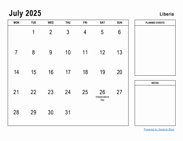 July 2025 Printable Monthly Calendar with Liberia Holidays