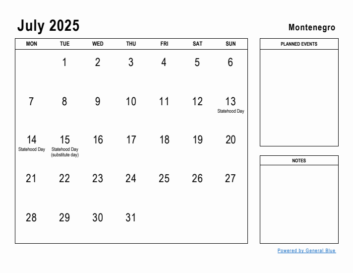 July 2025 Printable Monthly Calendar with Montenegro Holidays