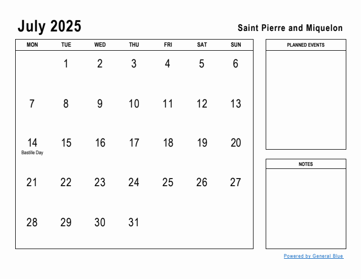 July 2025 Printable Monthly Calendar with Saint Pierre and Miquelon Holidays