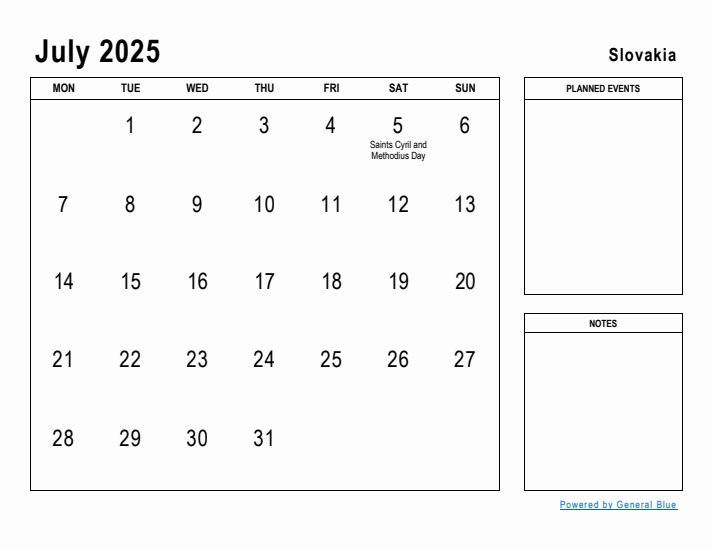 July 2025 Printable Monthly Calendar with Slovakia Holidays