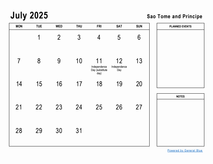 July 2025 Printable Monthly Calendar with Sao Tome and Principe Holidays