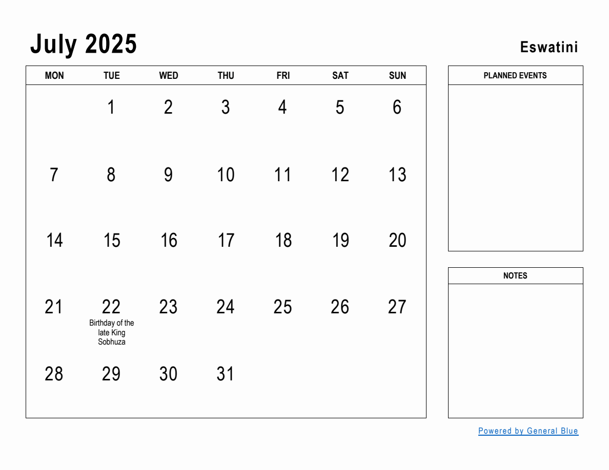 July 2025 Planner with Eswatini Holidays (Monday Start)