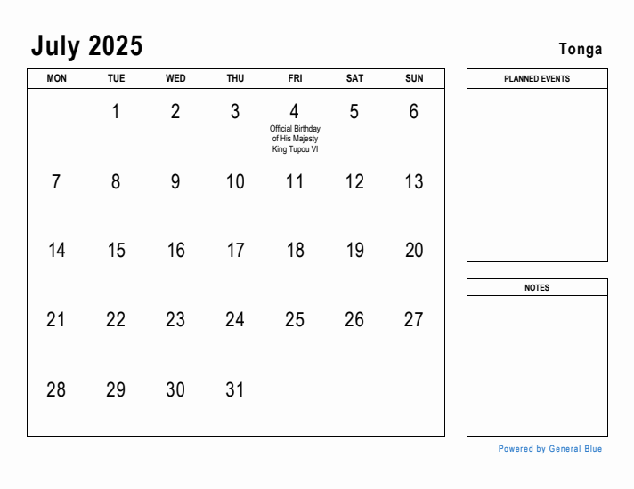 July 2025 Printable Monthly Calendar with Tonga Holidays