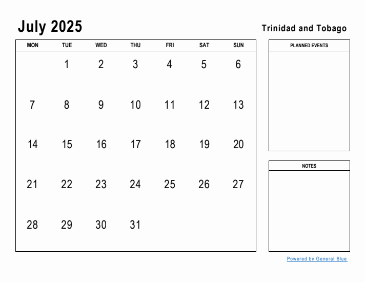 July 2025 Printable Monthly Calendar with Trinidad and Tobago Holidays
