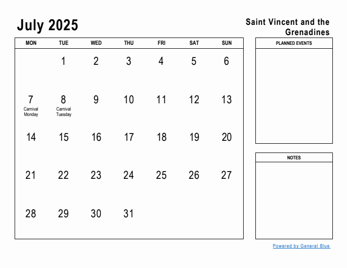 July 2025 Printable Monthly Calendar with Saint Vincent and the Grenadines Holidays