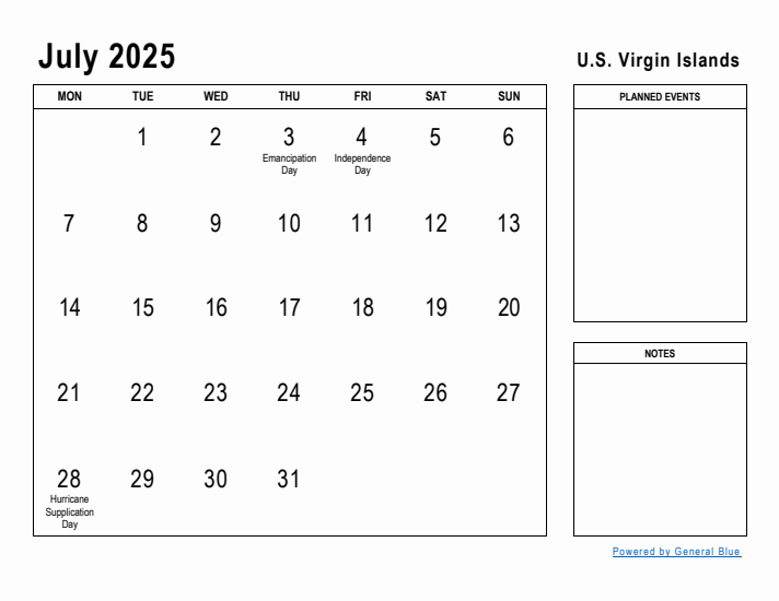 July 2025 Printable Monthly Calendar with U.S. Virgin Islands Holidays